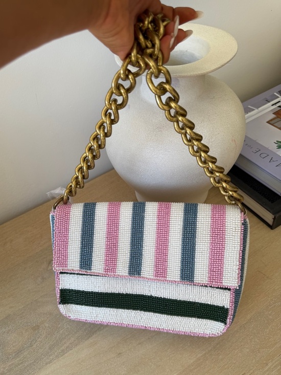 made in India Handbags - Viral Famous Beaded Stripe Shoulder Bag in Pink, White & Dark Green